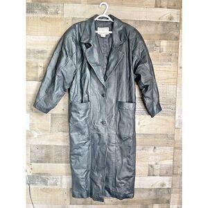 VTG 90s BB Dakota Leather Trench Coat Long‎ Jacket Womens M Black 2 Button Coat